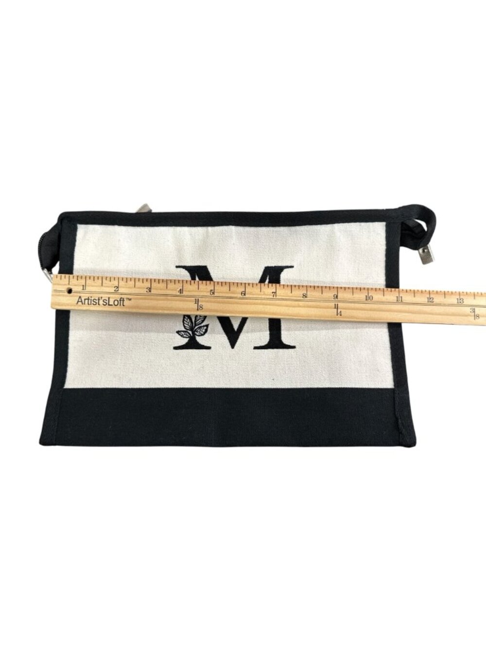Canvas Tote Bag Set With Monogrammed Pouch Black & Cream Striped Bow Accent Zipp - Picture 3 of 8